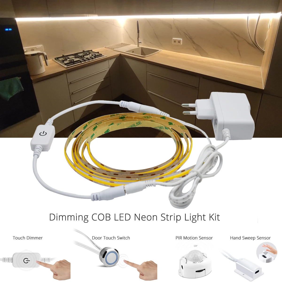 Dimming COB Led Strip Tape Light with Adapter Remote Touch Dimmer Hand Sweep PIR Motion Sensor 12V 9W 320 leds/m Ra 90 Width 8mm