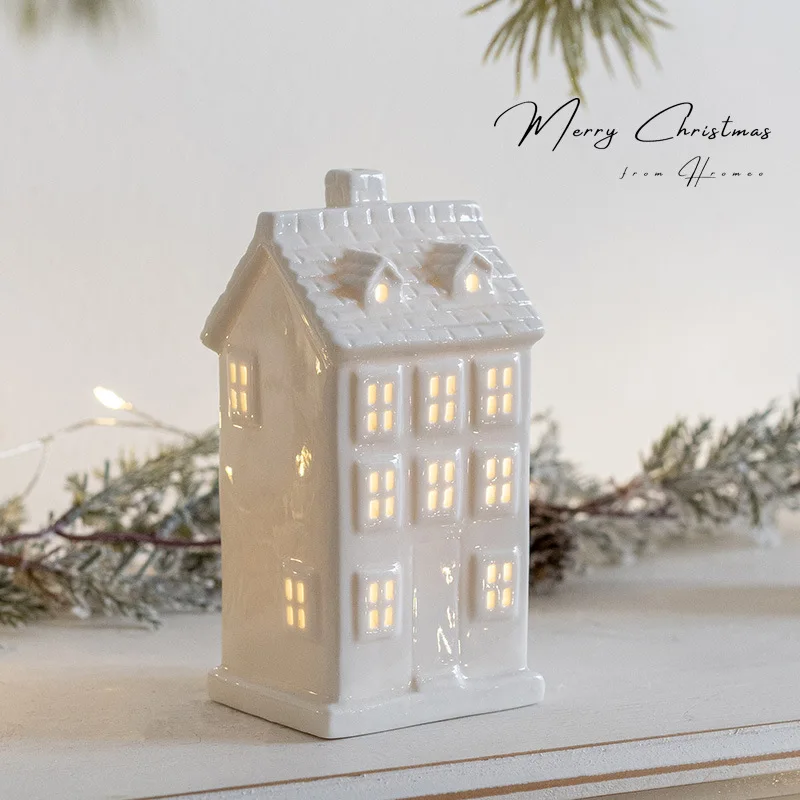 White Porcelain Christmas LED Lighted White Houses Decor Miniature Christmas Village Houses Snowflake Glowing Castle