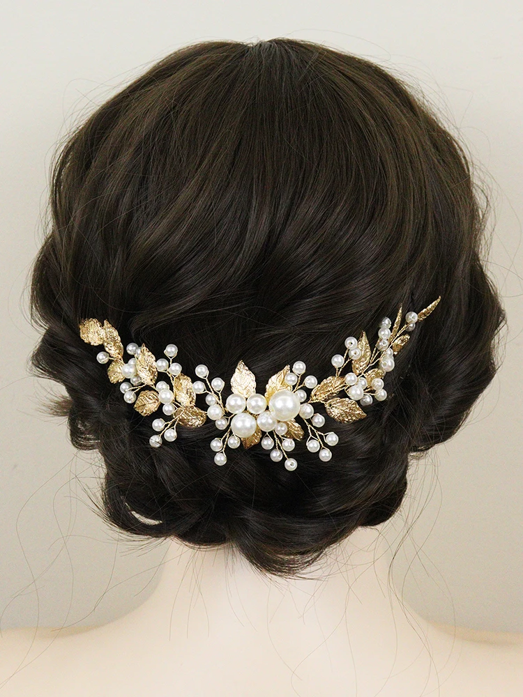 Hair Accessories Bridal Hair Accessories Bridal Jewelry Set-Handmade Golden Leaf Pearls Headband for Bride Party Wedding