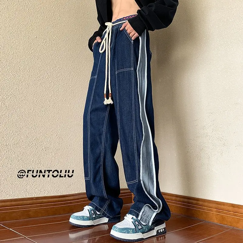Men's pants splicing style wide leg jeans men's pants trend ins all loose straight leg high street American droopy feeling