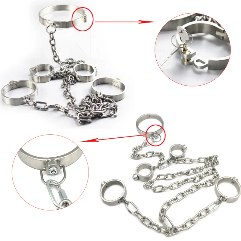 Heavy Stainless Steel Slave Lockable Handcuffs Ankle Cuffs Neck Collar