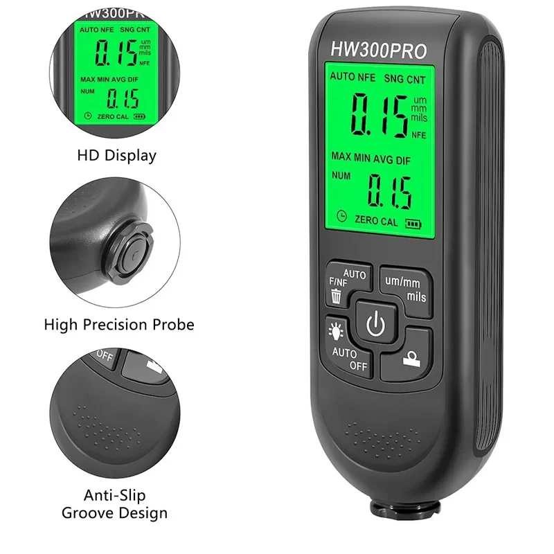 Paint Coating Meter Paint Thickness Gauge Thickness Gauge HW-300PRO Car Paint Film Automatic Thickness Gauge 0-2000UM Fe & NFe Coating Thickness Tester Manual Automotive Paint Tools