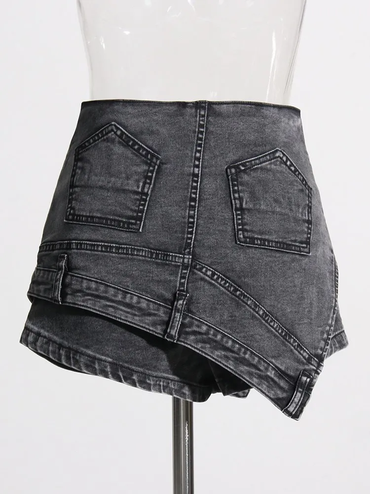 KBQ Asymmetrical Streetwear Denim Shorts For Women High Waist Spliced Zipper Skinny Chic Denim Short Pants Female Clothing New