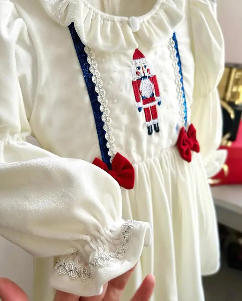 0-12Y طفلة الخريف الأبيض المخملية كسارة البندق التطريز التركية فستان الأميرة الإسبانية لعيد الميلاد حفلة C11