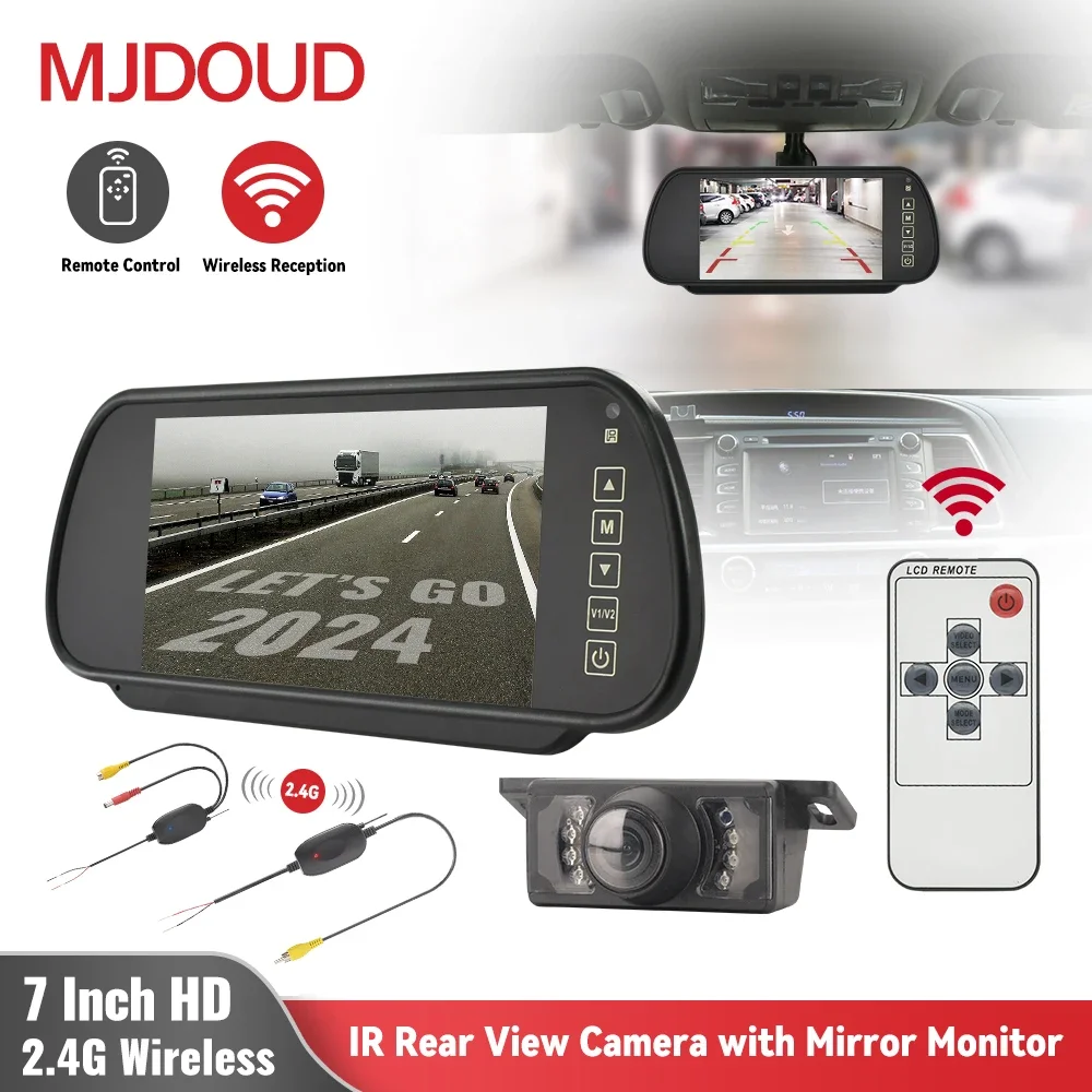 MJDOUD 7 Inch 2.4G Wireless Car Mirror Monitor with Rear View Camera for Vehicle Parking Rervesing Camera with Screen Universal