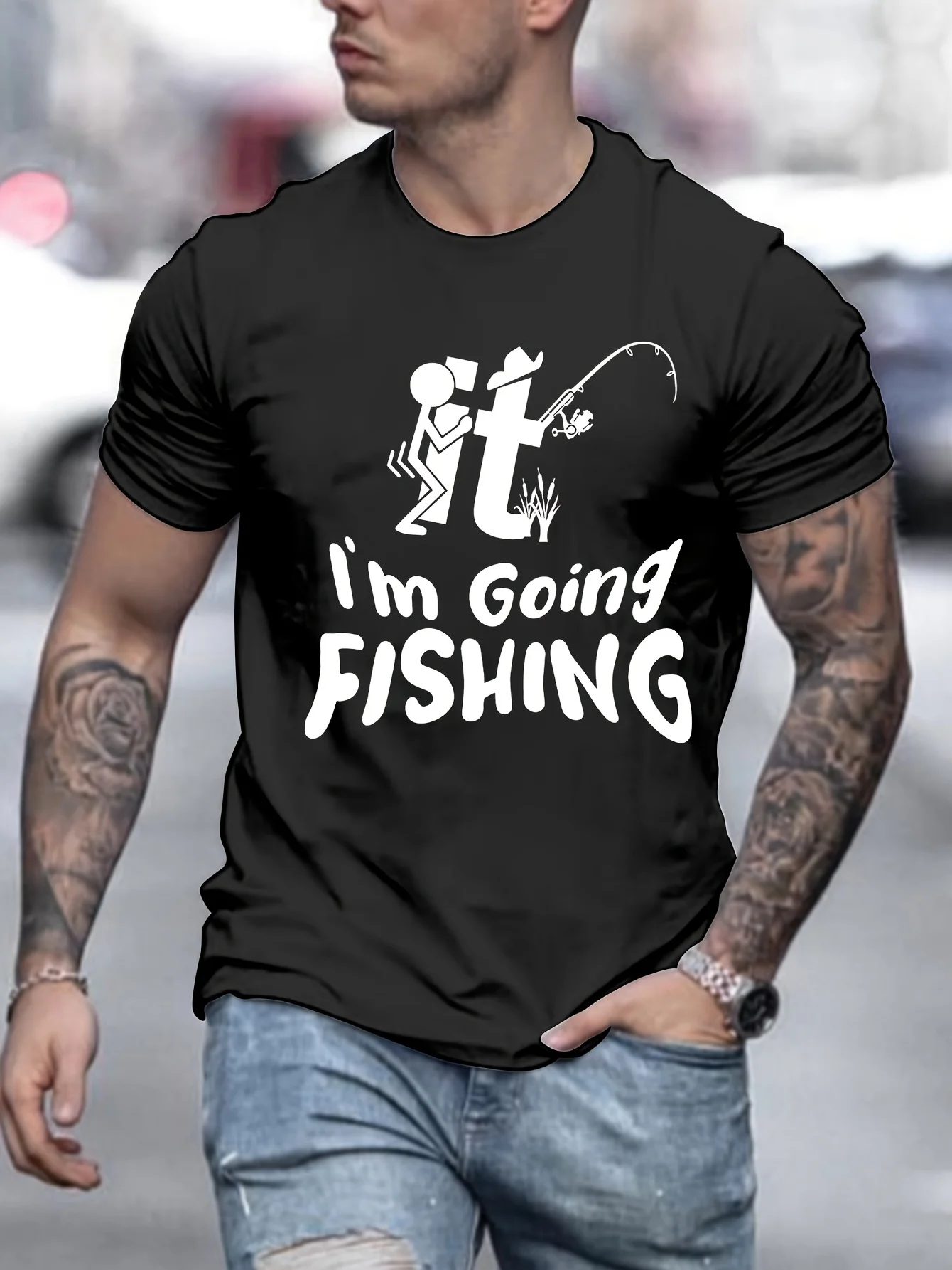 Set mit Aufdruck „I'M GOING FISHING“, kurzärmliges, lässiges T-Shirt und solide Shorts mit Kordelzug, 2-teiliges, bequemes Sommer-Outfit für Herren
