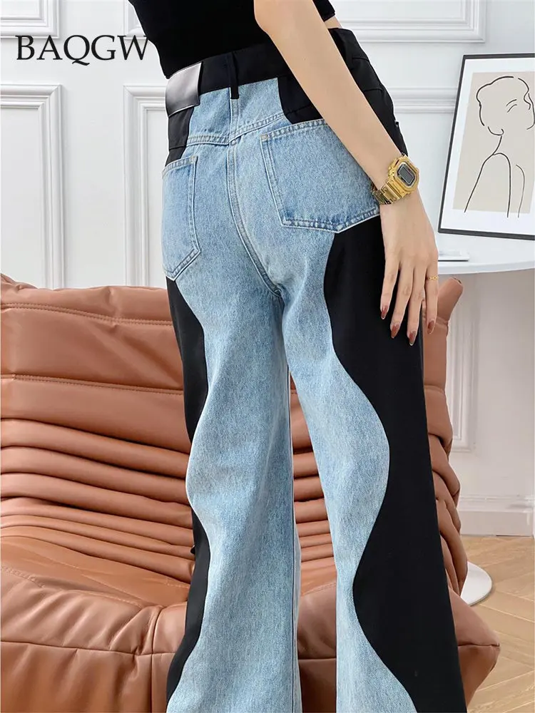 Color Block Design Fashion Women Jeasn High Waist Black Blue Wave Spliced Design Straight Tube Wide Leg Denim Pants Tide Autumn