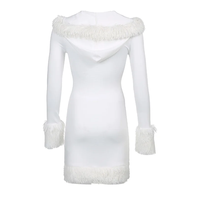 Women Plush Hem Splicing Frenulum V-neck Hooded Dress Winter Solid Color Long Sleeve Bodycon Dress for Female White 4