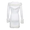 Women Plush Hem Splicing Frenulum V-neck Hooded Dress Winter Solid Color Long Sleeve Bodycon Dress for Female White 4