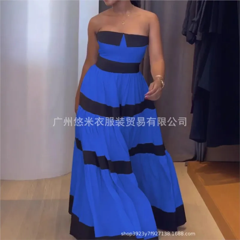 Women Fashion New Elegant Long Dress Patchwork Bowknot Strapless Sleeveless Backless High Waist Stripes Long Dress Party Female 4