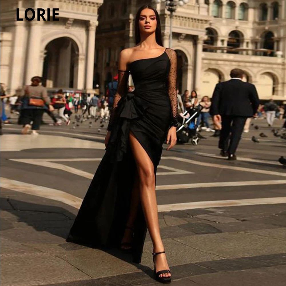 

LORIE Black Mermaid Prom Dresses Vestidos De Noche Side Split Long Dotted Tulle Sleeves Evening Dress Robe De Soirée Party Gowns