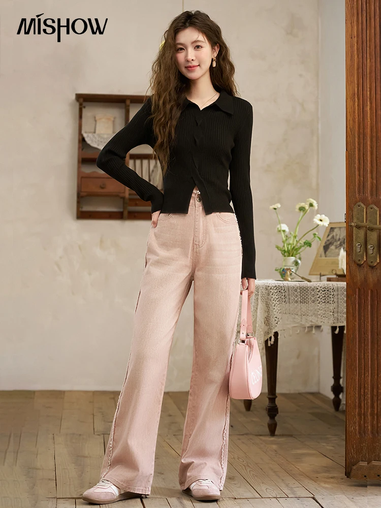 MISHOW 100 Cotton High Waist Slim Pink Jeans for Women 2024 Spring Versatile Loose Casual Tassel Edge Straight Pants MXD12K0535