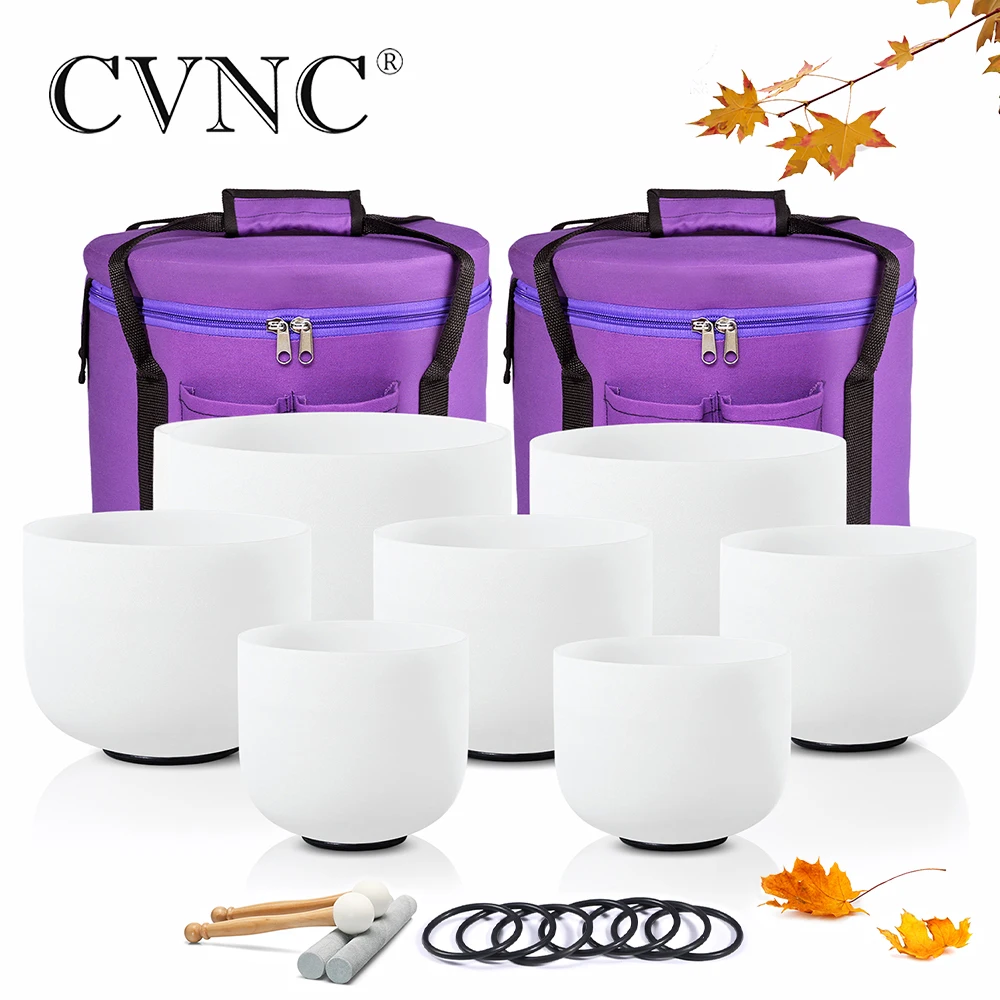 

CVNC 7-12" Frosted Quartz Crystal Singing Bowl Chakra Set 7pcs CDEFGAB Note for Sound Healing with Carry Bags