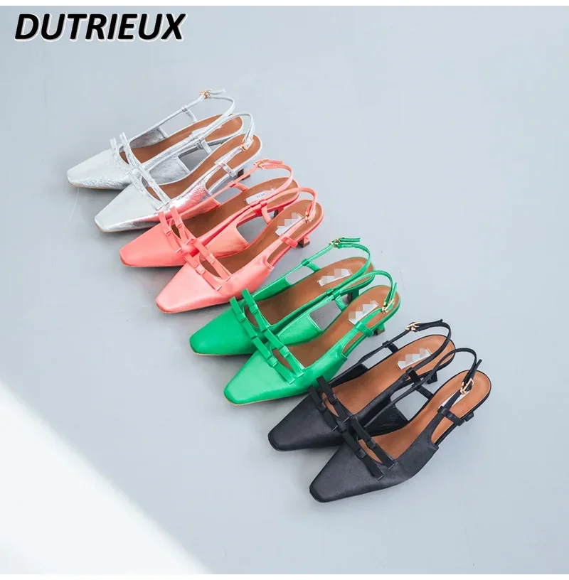 

French Style Fashionable Ladies' Sandals Summer Retro Square Toe Pointed Double Bow Heel High Heels Mary Jane Women's Shoes