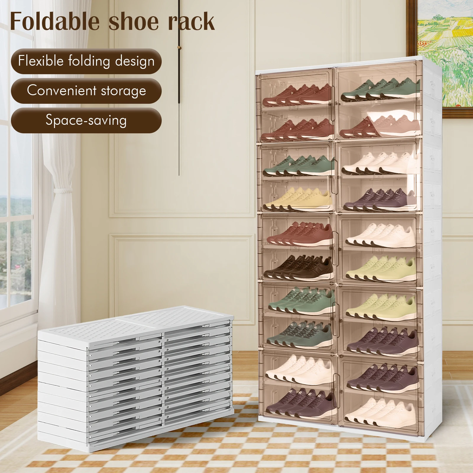 10 Tiers 40 Pairs Foldable Shoe Rack Organizer with Magnetic Door Collapsible Shoe Storage Box Plastic Shoe Cabinet for Entryway