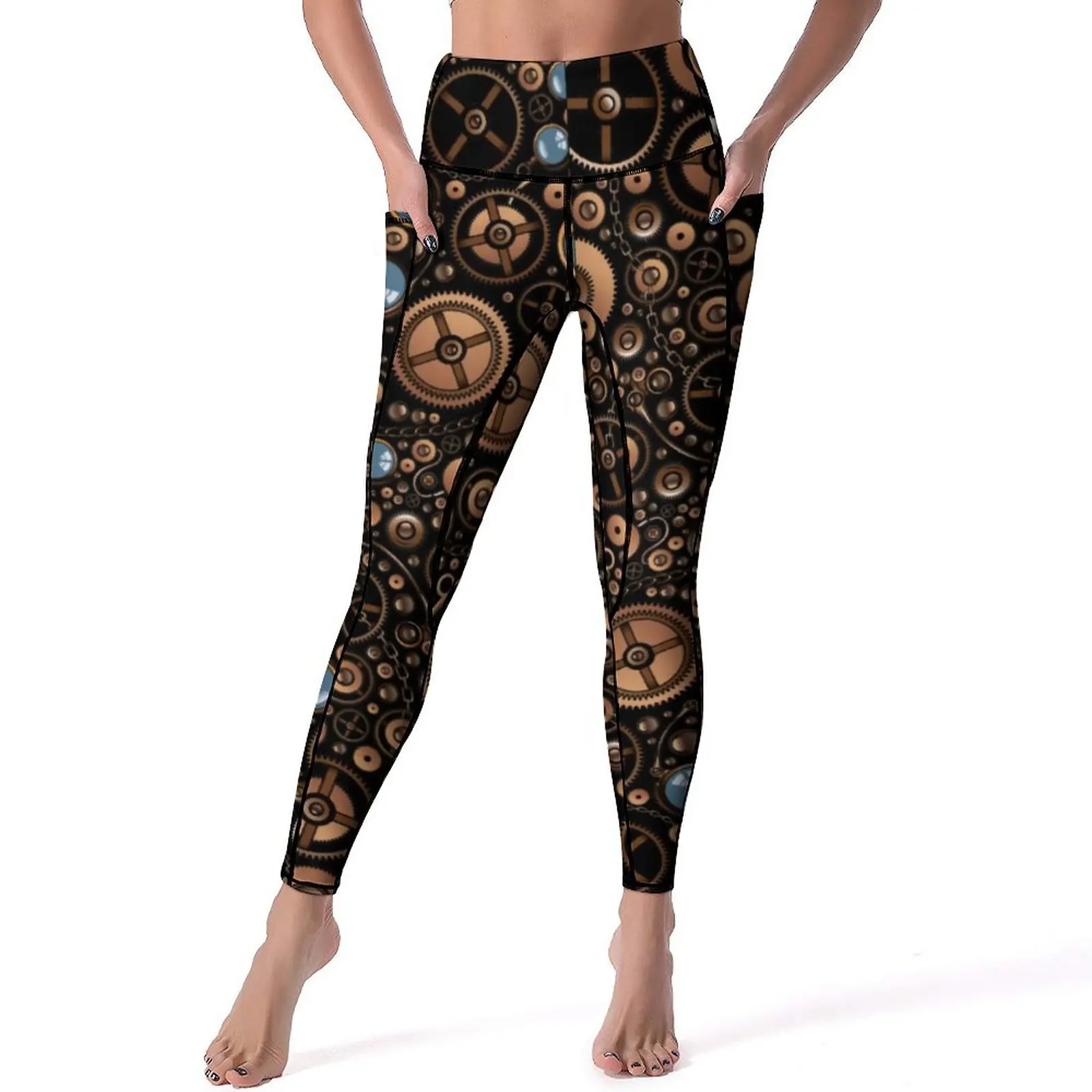 

Vintage Steampunk Leggings Sexy Gears Style Fitness Yoga Pants High Waist Elastic Sports Tights Pockets Casual Custom Leggins