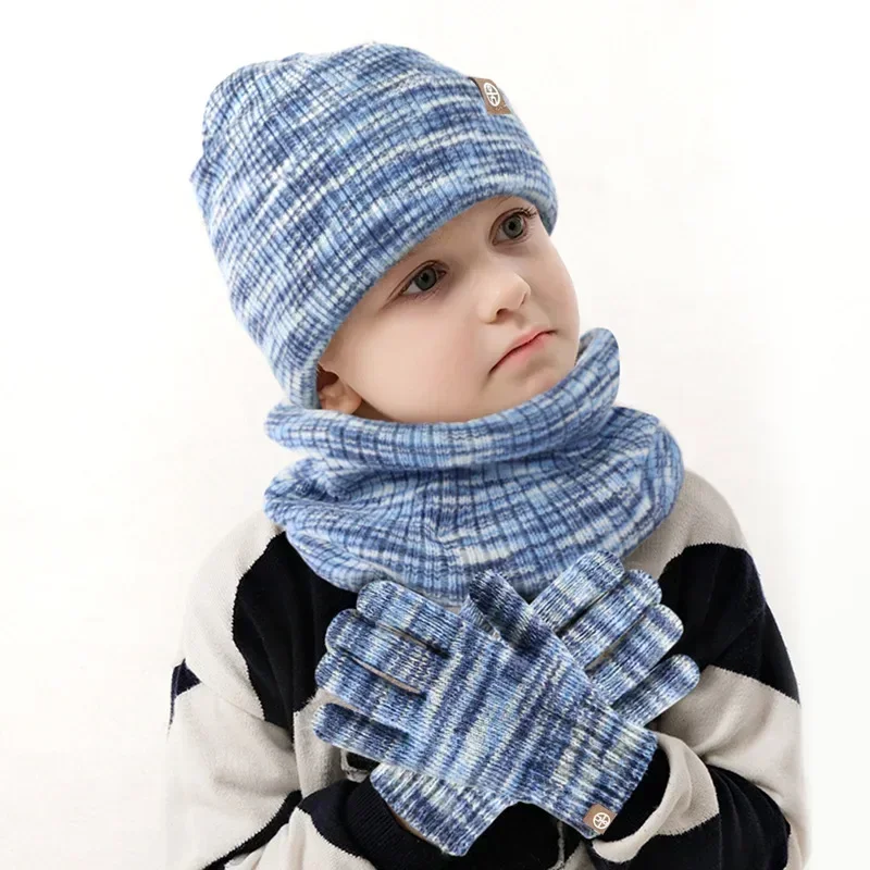 Winter Set for Children Knit Striped Beanies Kids Scarf Double Layer Plush Lining Winter Hat Snood Gloves Set for Girl Boy 3pcs kids winter hat scarf set