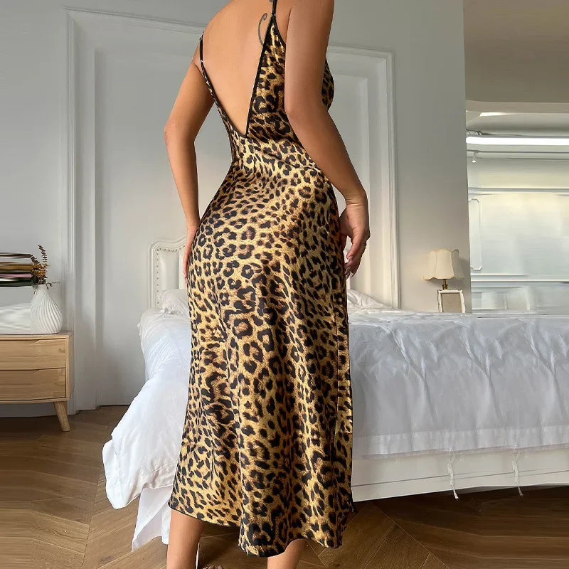 Ice Silk Slip Dress Summer Thin Breathable Women's Dress Sexy Leopard Print Pajamas Open Back Split Nightdress Silk Pajamas