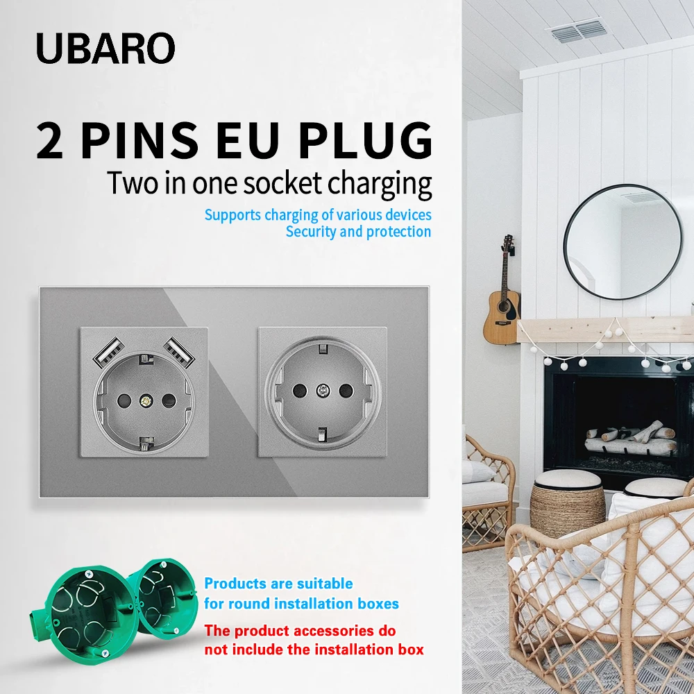 UBARO EU 224*82mm luksusowe szklane Panel gniazdo ścienne wbudowany Socekt nadaje się do okrągłe pudełko rodzaj USB C 5V 2A Home Outlet 250V 16A