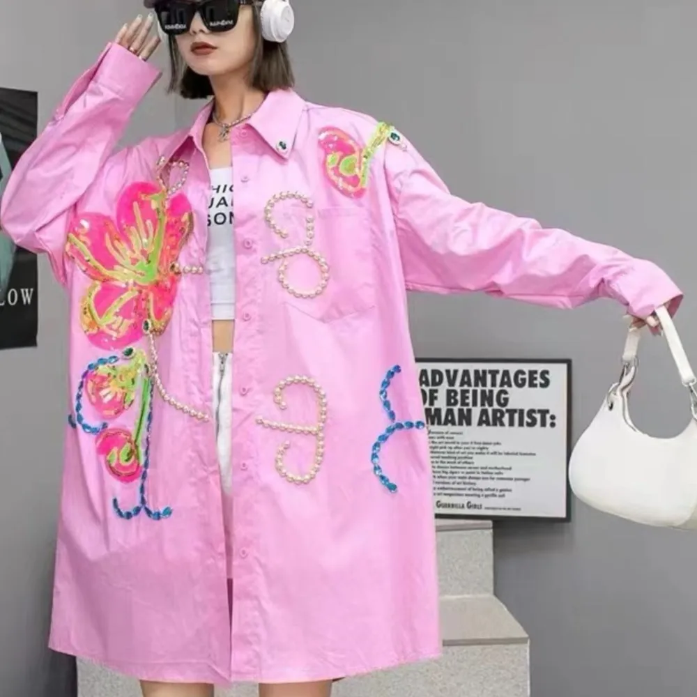 

Новая свободная рубашка с длинными рукавами и блестками, хлопковая модная свободная Длинная блузка с цветочным принтом