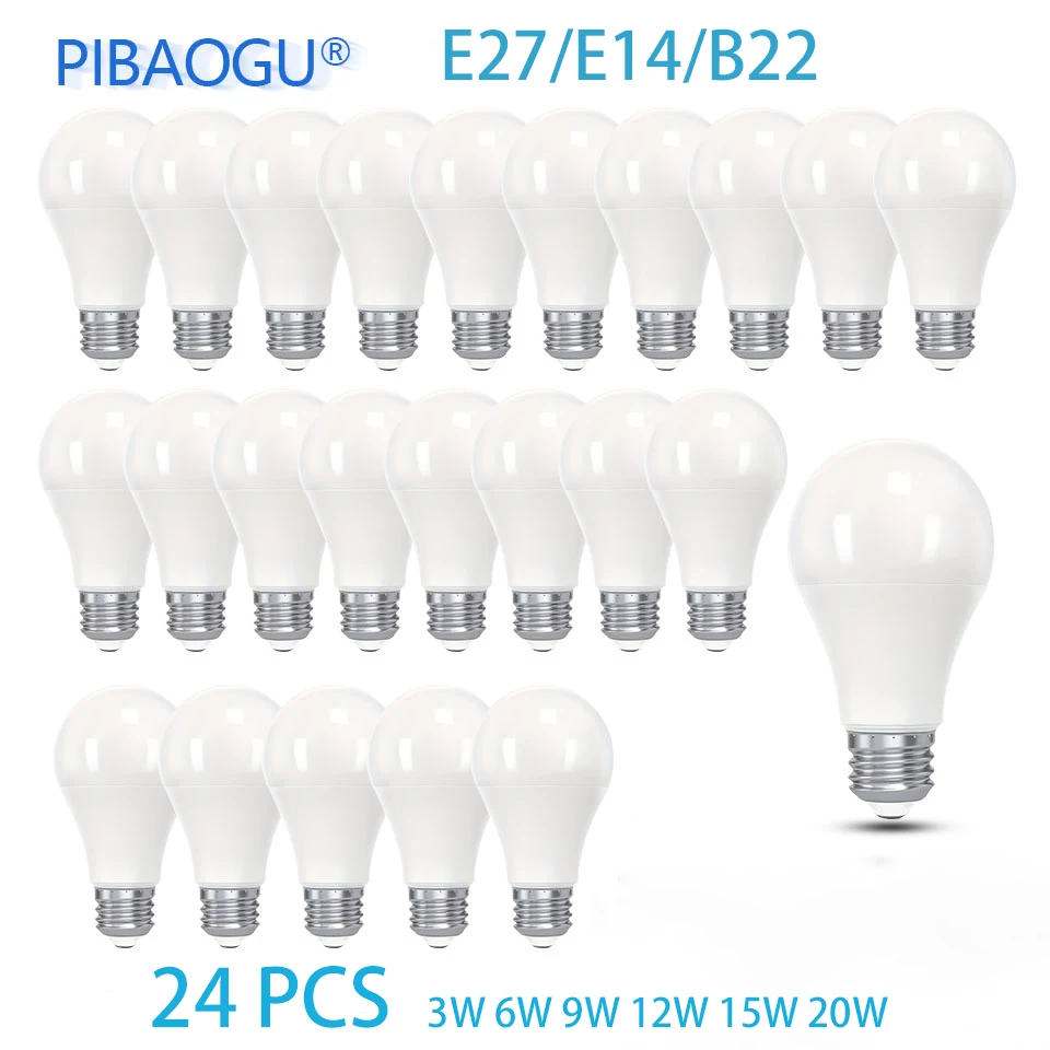 24PCS 220V 3W 6W 9W 12W 15W 20W LED Light Bulb E27 E14 B22 Standard Base LED Energy Efficient Bulb For Bedroom Home Office
