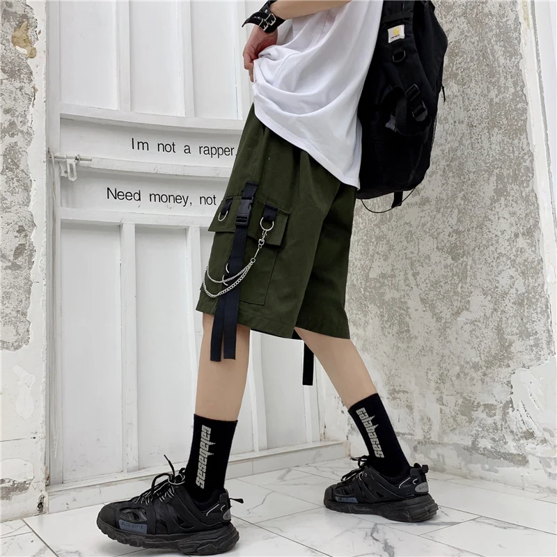 Y2K Hipster Unisex Men Shorts Chain Ribbon Pockets Cargo Shorts Male Female BF Wind Lovers Summer Streetwear Punk Motor Shorts