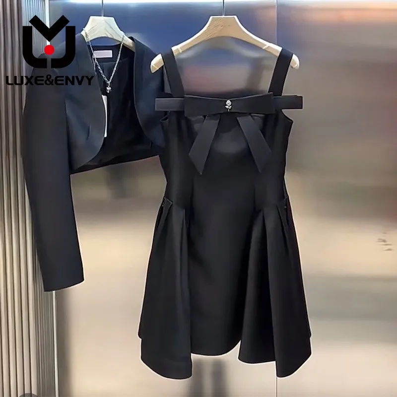 

LUXE&ENVY Niche Chic Short Coat Bow Tie Slip Dress Beautiful Two-piece Suit Women 2023 Summer