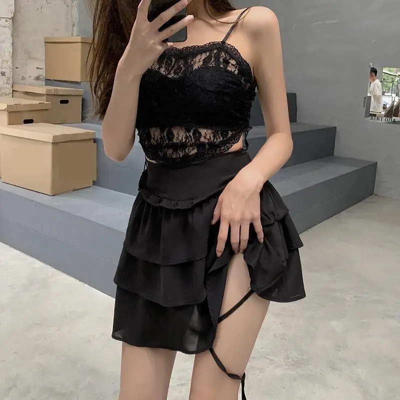 Female Chiffon Short Mini Skirt Female Summer Lotus Leaf Sexy High Waist Irregular Bandage Cake Skirt Ladies Street Fit Bottoms