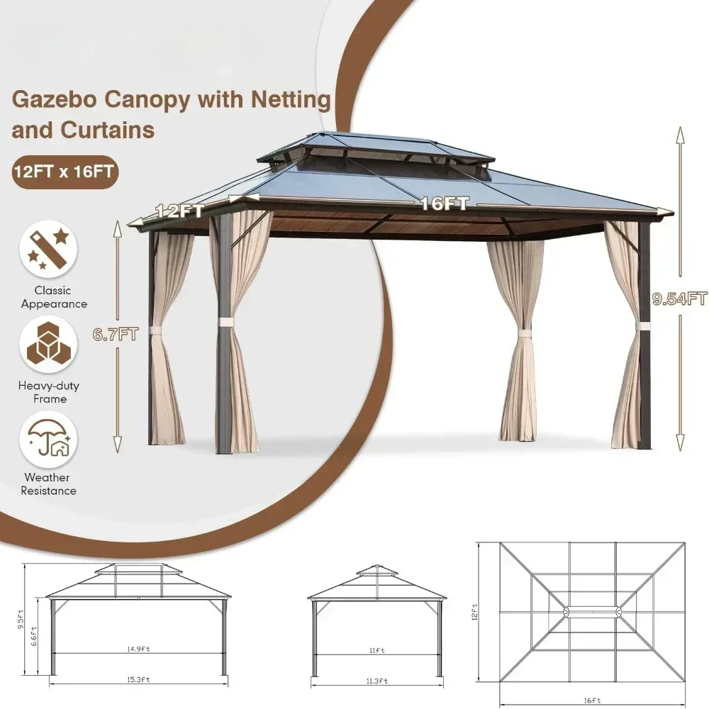 Gazebo Polycarbonate Double Roof Canopy Outdoor Aluminum Frame Pergola Permanent Pavilion Netting Curtains