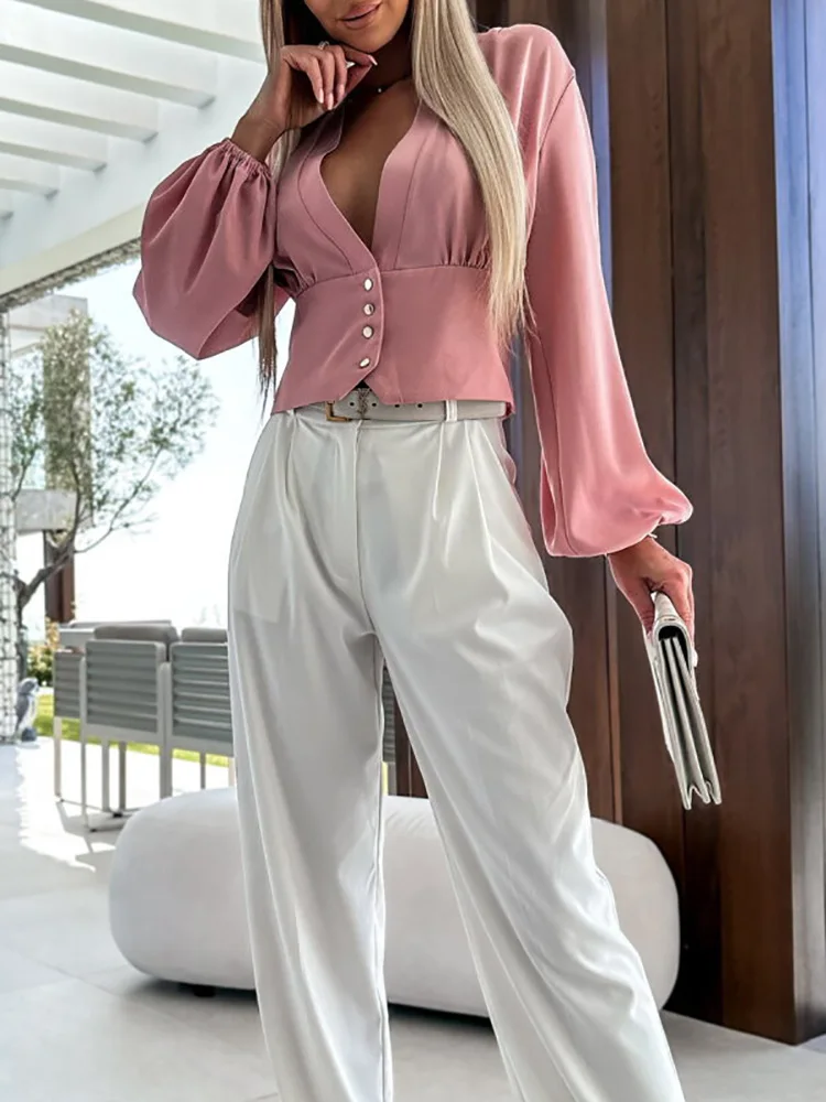 

Блузка женская с глубоким V-образным вырезом, Повседневная Уличная одежда на пуговицах, ажурная рубашка в стиле пэчворк, облегающий офисный Топ с длинным рукавом, весна-лето