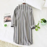 2026 Spring and Summer New Long-Sleeved Nightgowns Cotton Women's Mid-Length Cotton Sleepshirts Home stripe Knee-Length - Image 6