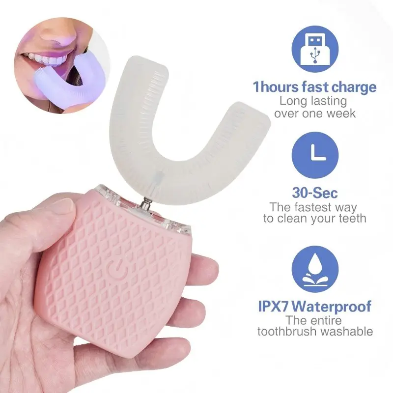 성인용 IPX7 방수 기능을 갖춘 충전식 초음파 전동 칫솔 - 딥클리닝을 위한 U자형 칫솔
