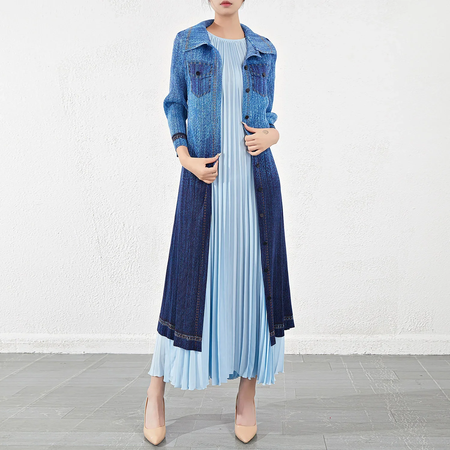 

Винтажное платье ALSEY Miyake с длинным рукавом, новинка, осенняя Женская однобортная джинсовая Повседневная приталенная длинная туника в стиле ретро