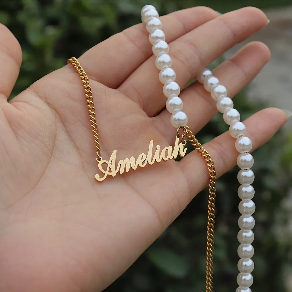 

Custom Name Necklace Women Half Pearl Half Curb Chain Choker Necklaces Personalized Gift for Girlfriend Boho Jewelry