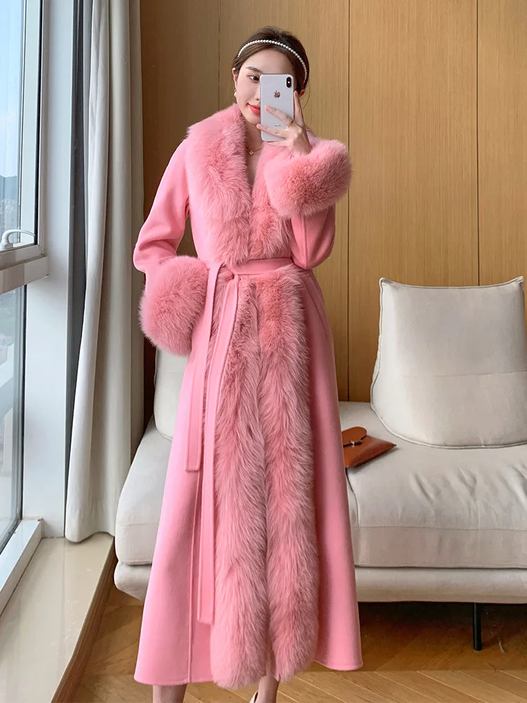 

2024 Women Fall Winter Warm X-Long Cashmere Blend Coat With Huge Real Fox Fur Collar Rich Lady Luxury Fur Wool Overcoats Jackets