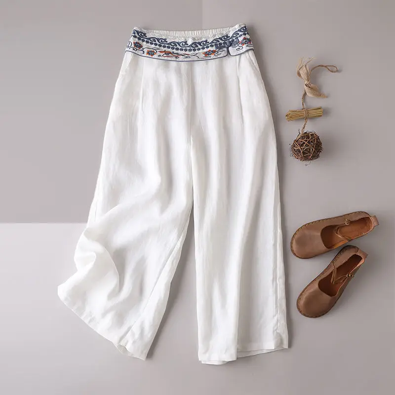 

Women's Vintage Pants Women's Cotton Linen Style Embroidery Wide-leg Pants Casual Loose Trousers Clothing Ladies Streetwear