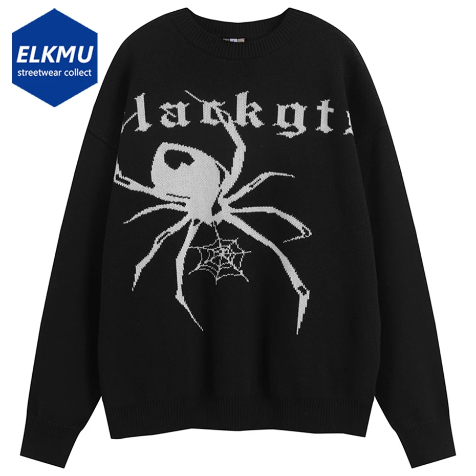 

Goth Punk Sweater Spider Graphic Loose Knit Jumper Men Harajuku Hip Hop Streetwear Oversized Knitwear Pullover Black Beige 2023