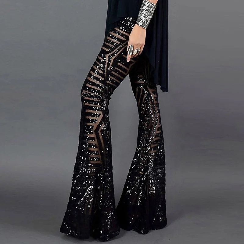 

Sequin High Waist Skinny Flare Pants Streetwear Wild Basic Slim 2023 Trend Patchwork Pants Casual Pants Summer New Women's Pants