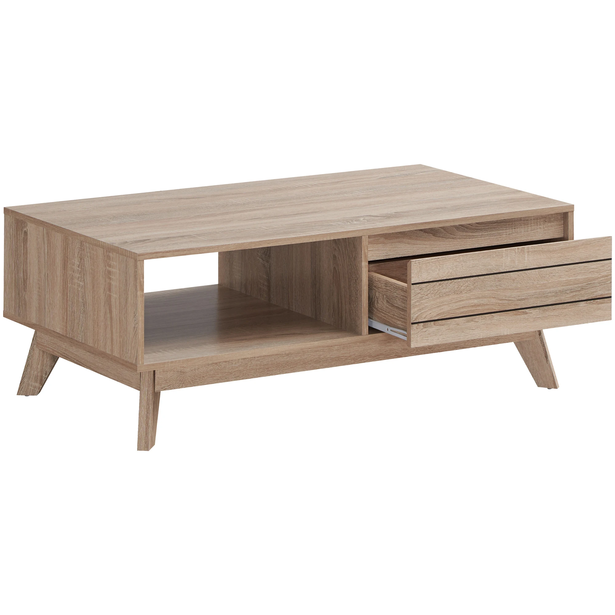 

European Online Best Seller 1 Drawer 1 Open Shelf PB Melamine Laminate Wood Coffee Table With Solid Pine Wood Leg