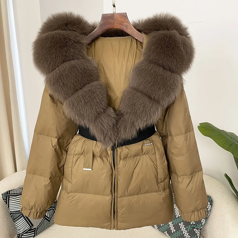 Winter Jacket Women Real Fox Fur Hooded Thick Warm White Duck Down