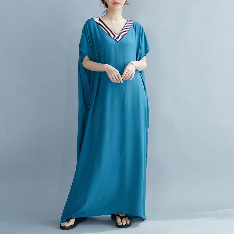 

Loose V-neck Patchwork Cotton Silk Short Sleeved Dress for Women