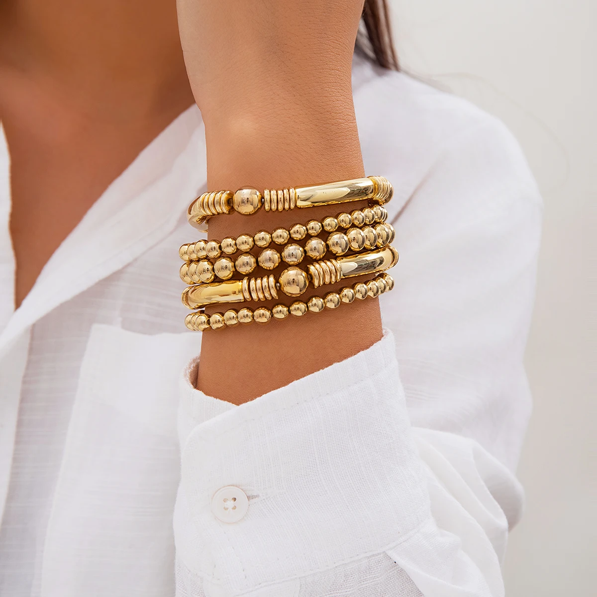 5Pcs/Set Punk Vintage Gold Color Round Beads Bracelets for Women Exaggerated Big Ball Elastic Charm Bangles HipHop Party Jewelry