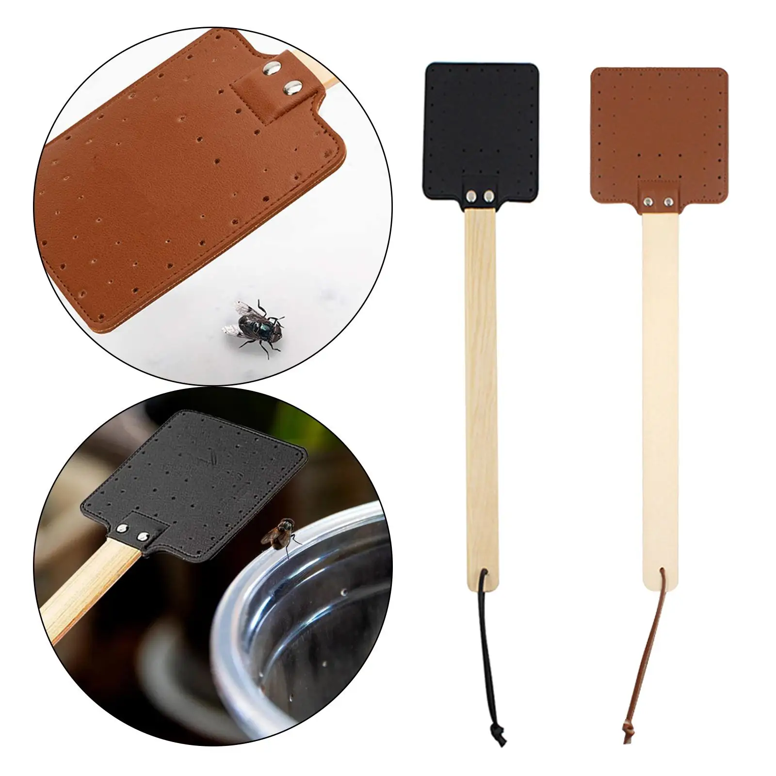 Heavy Duty Fly Swatter Wooden Handle PU Leather Swatter for Household Outdoor Indoor