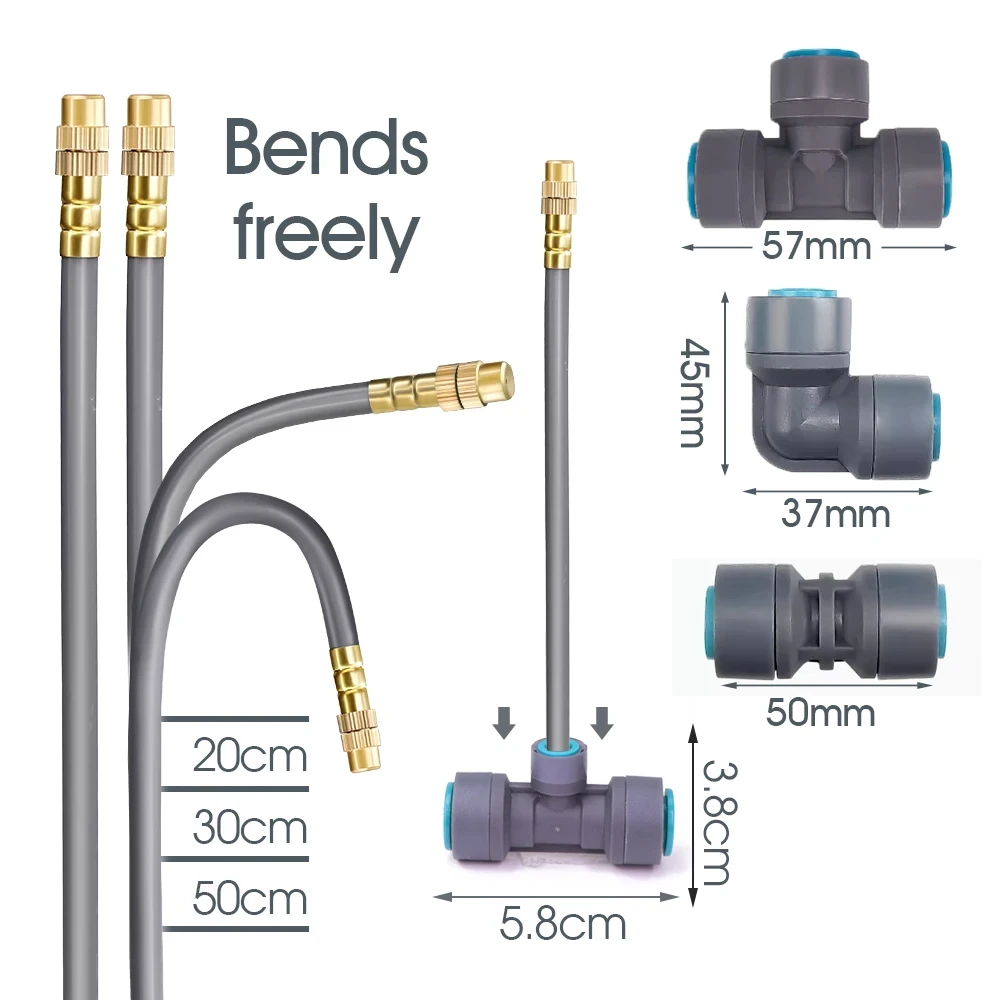 Flexible Brass Adjustable Spray Kit Gray 3/8"PE Hose Quick Connect Fogging Cooling Dedusting Watering System for Garden 6