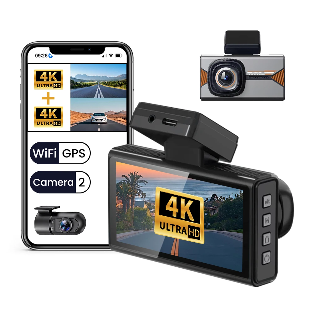 4K + 4K 3인치 대시캠 듀얼 렌즈 울트라 HD 실차 DVR 카메라 WIFI GPS 앱 후방 카메라 야간 투시 WDR 비디오 레코더 24시간 주차 모니터링