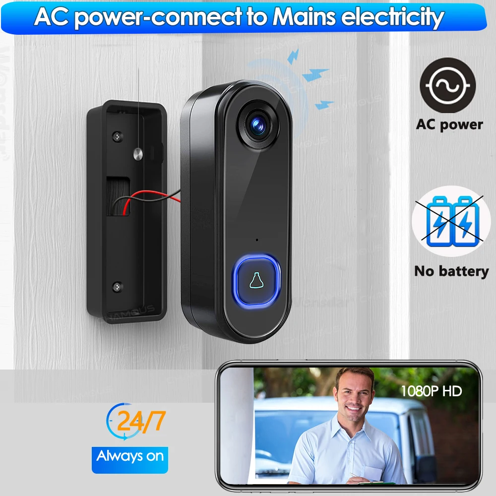 TUYA 비디오 초인종 WiFi 무선 야외 초인종 카메라 AC 전원 1080P 비디오 문 전화 방수 IP65 Alexa 구글 홈,비디오폰, 인터폰 초인종,무선 초인종