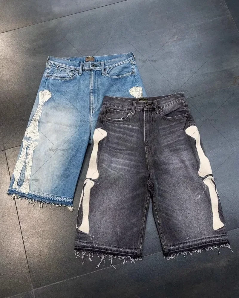 Fashion Y2K Street Clothing Bone Embroidered Women Denim Shorts Loose Casual Harajuku Men and Women Straight Tube Pants
