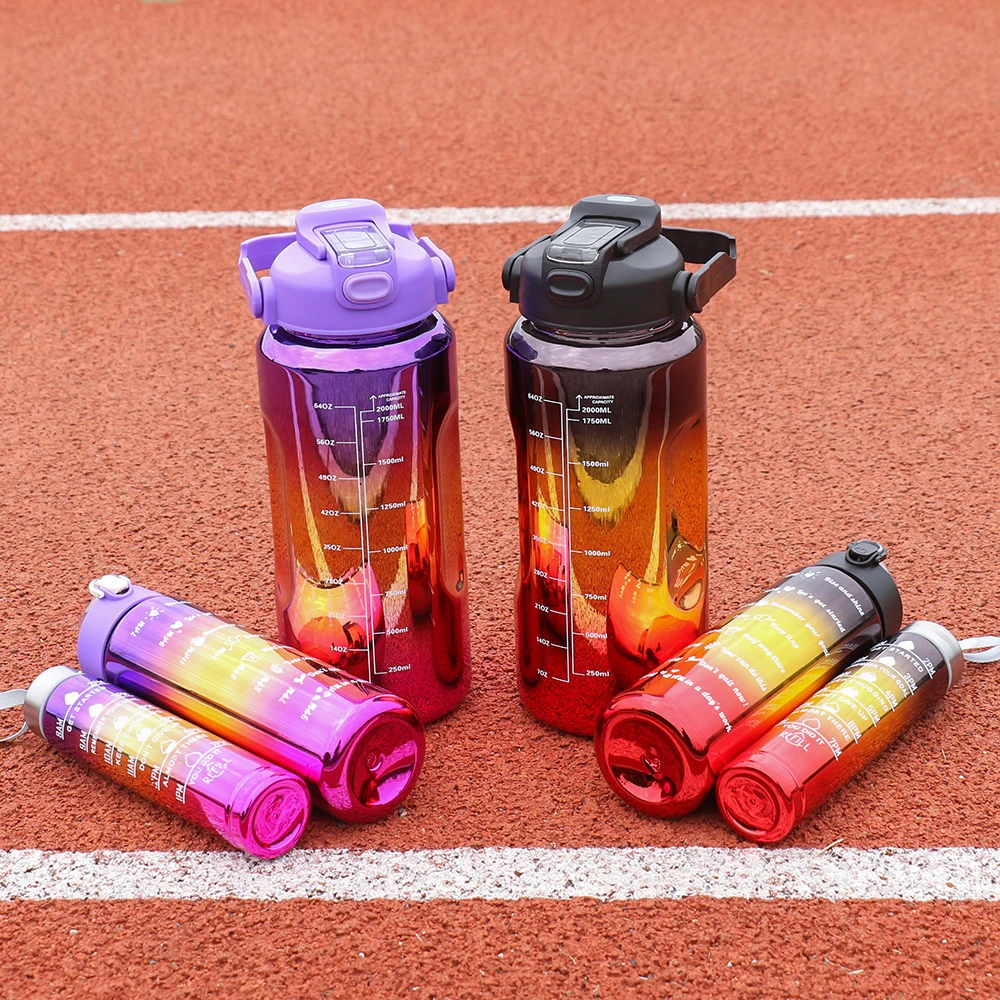 Set of 3 Leak-Proof Electroplated Gradient Water Bottles with Straws and Time Markers - Ideal