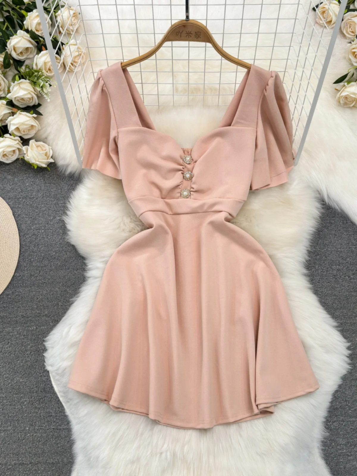 

Summer Fashion Ruffles Sleeve Dress For Women Sexy Square Collar Pleated A-line Dress Solid Color Short Dress Female