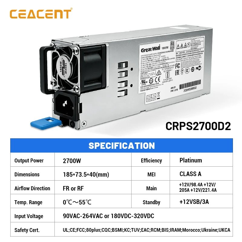 CRPS2700D2 Great Wal 2700W 핫스왑 전원 공급 장치 모듈 80Plus Platinum 2U 랙 서버 PSU(스토리지 방화벽 데이터 센터용)